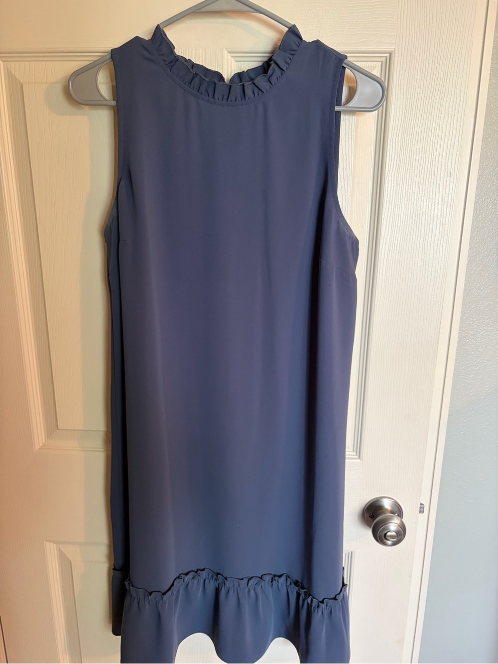 LOFT Ruffle Neck Midi Shift Dress in Slate Blue